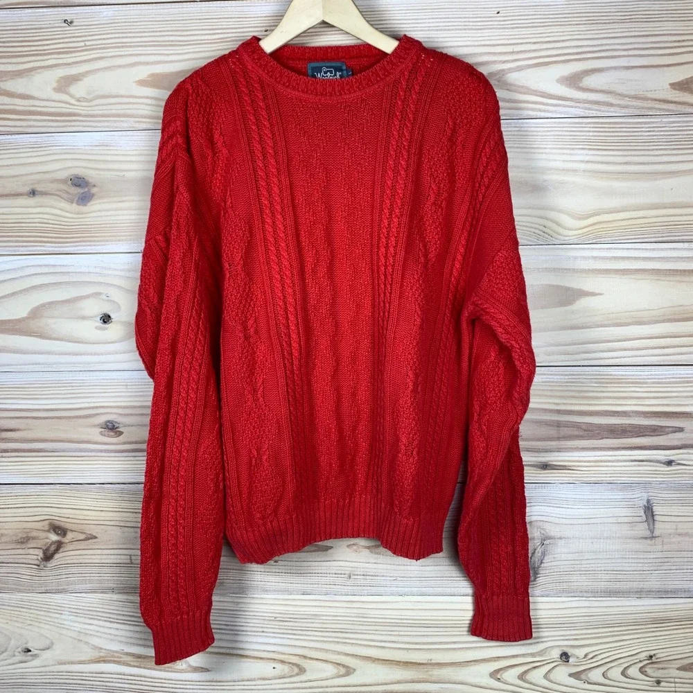 Vtg Woolrich Sweater Mens Large Red Cable Knit Ramie Cotton 80s 90s Preppy‎